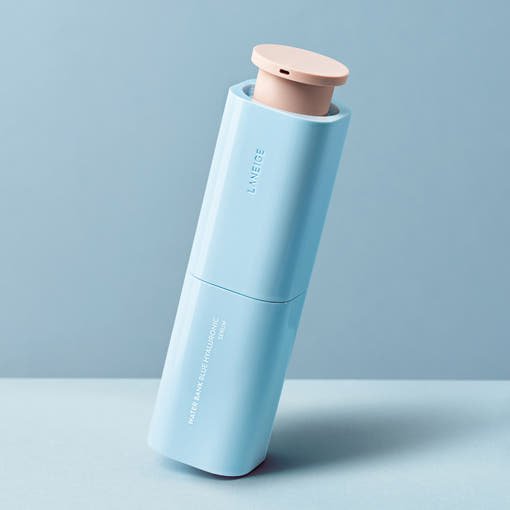 LANEIGE Water Bank Blue Hyaluronic Serum 30ml in sleek light blue bottle with pump, hydration boost formula visible