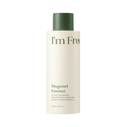 Tall white bottle with dark green cap containing hydrating mugwort essence for calming and soothing skin