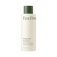 Minimalist cream bottle with green cap labeled Mugwort Essence for hydration and skin soothing benefits