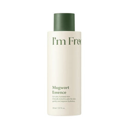 Minimalist cream bottle with green cap labeled Mugwort Essence for hydration and skin soothing benefits