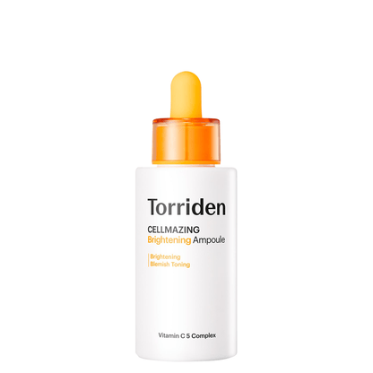 Torriden Cellmazing VITA C Brightening Ampoule 30 ml in white bottle with orange dropper for radiant skin and blemish toning