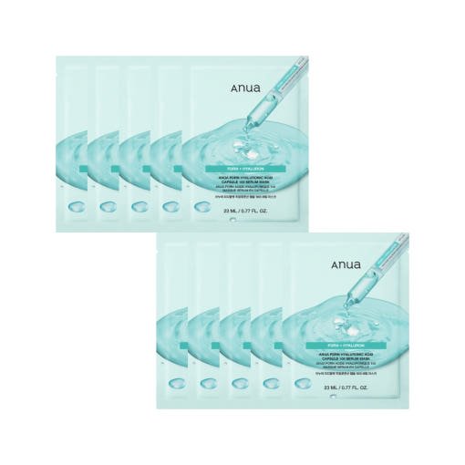 Two Anua PDRN hyaluronic acid serum mask sheet packs with aqua packaging and dropper illustration