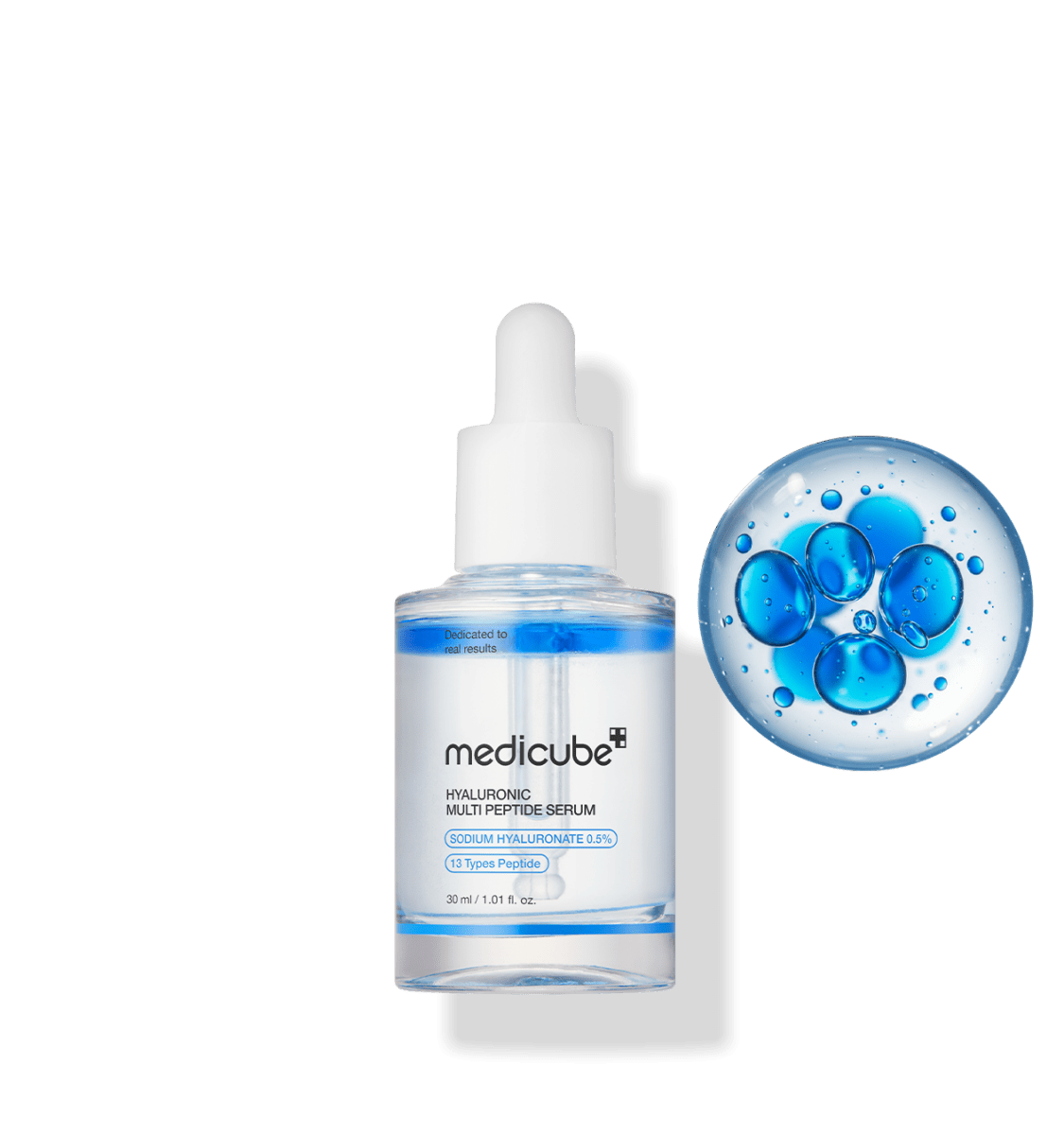 medicube Hyaluronic Multi Peptide Serum 30ml bottle next to blue serum droplets representing intense hydration benefits