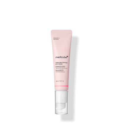 medicube PDRN Pink Peptide Eye Cream 30ml in soft pink tube with white pump targeting fine lines care