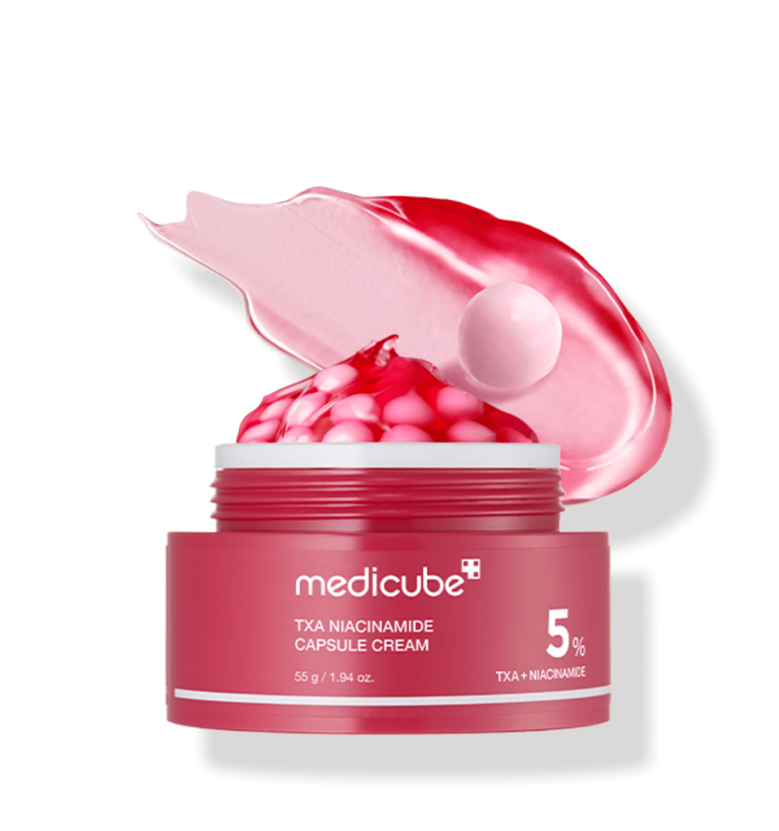 medicube TXA Niacinamide Capsule Cream 55g open jar with pink capsules and smooth cream for even tone care