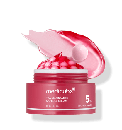medicube TXA Niacinamide Capsule Cream 55g open jar with pink capsules and smooth cream for even tone care