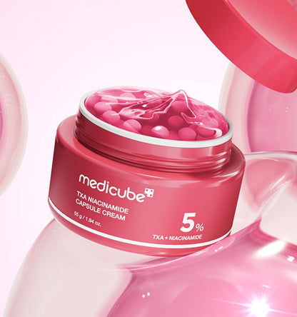 medicube TXA Niacinamide Capsule Cream 55g in red jar with capsules and gel texture for even tone skincare benefits