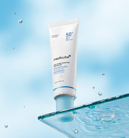 medicube Zero Pore Moisture Sun Serum 50ml in white and blue tube offering hydration boost and sun protection SPF50 PA++++