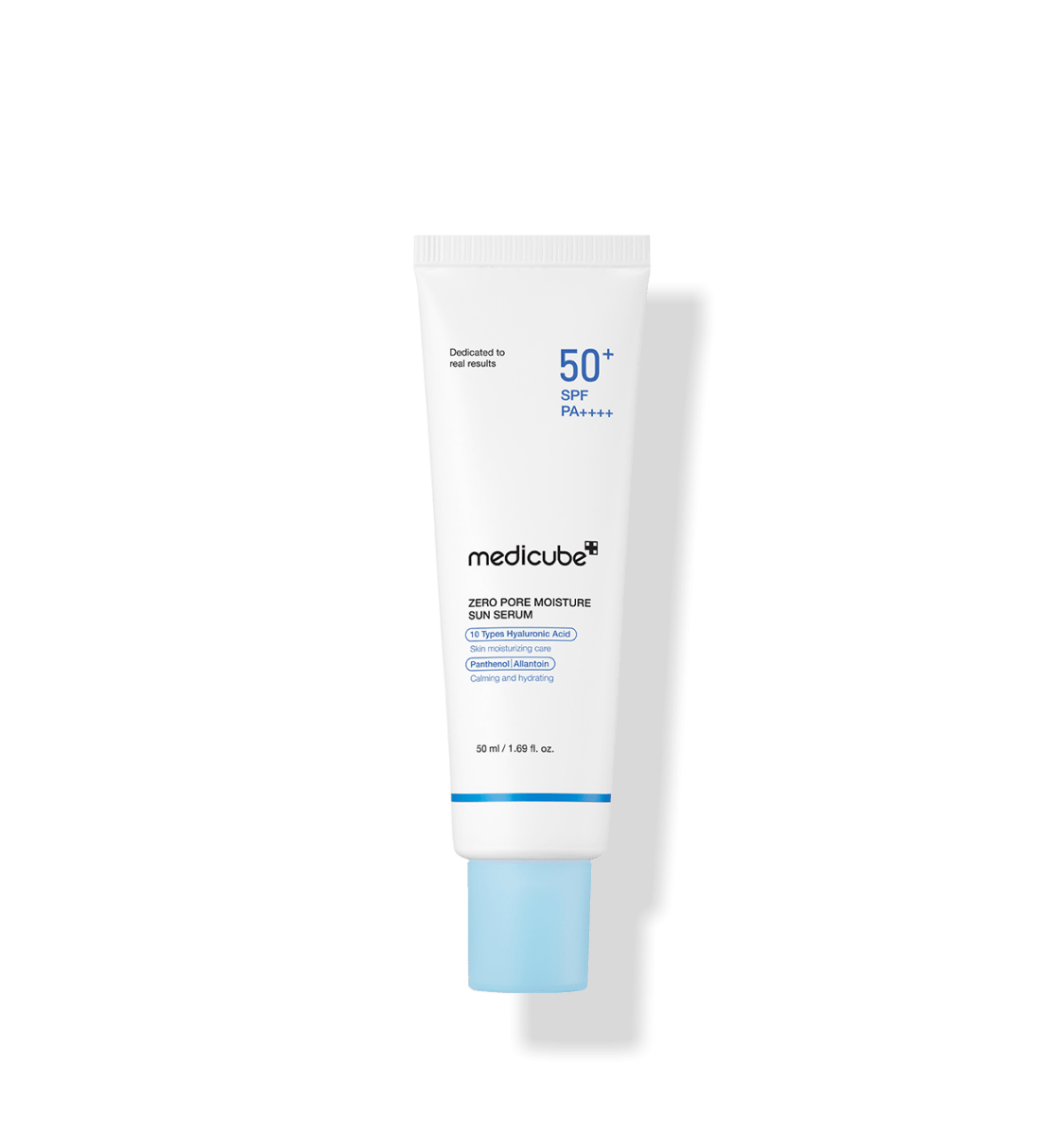 medicube Zero Pore Moisture Sun Serum 50ml in white tube with blue cap offering hydration boost and high SPF50 PA++++ protection