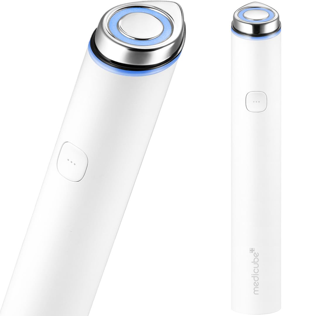 medicube AGE-R Booster Pro "MINI" #White handheld device with silver top and blue light for enhanced absorption