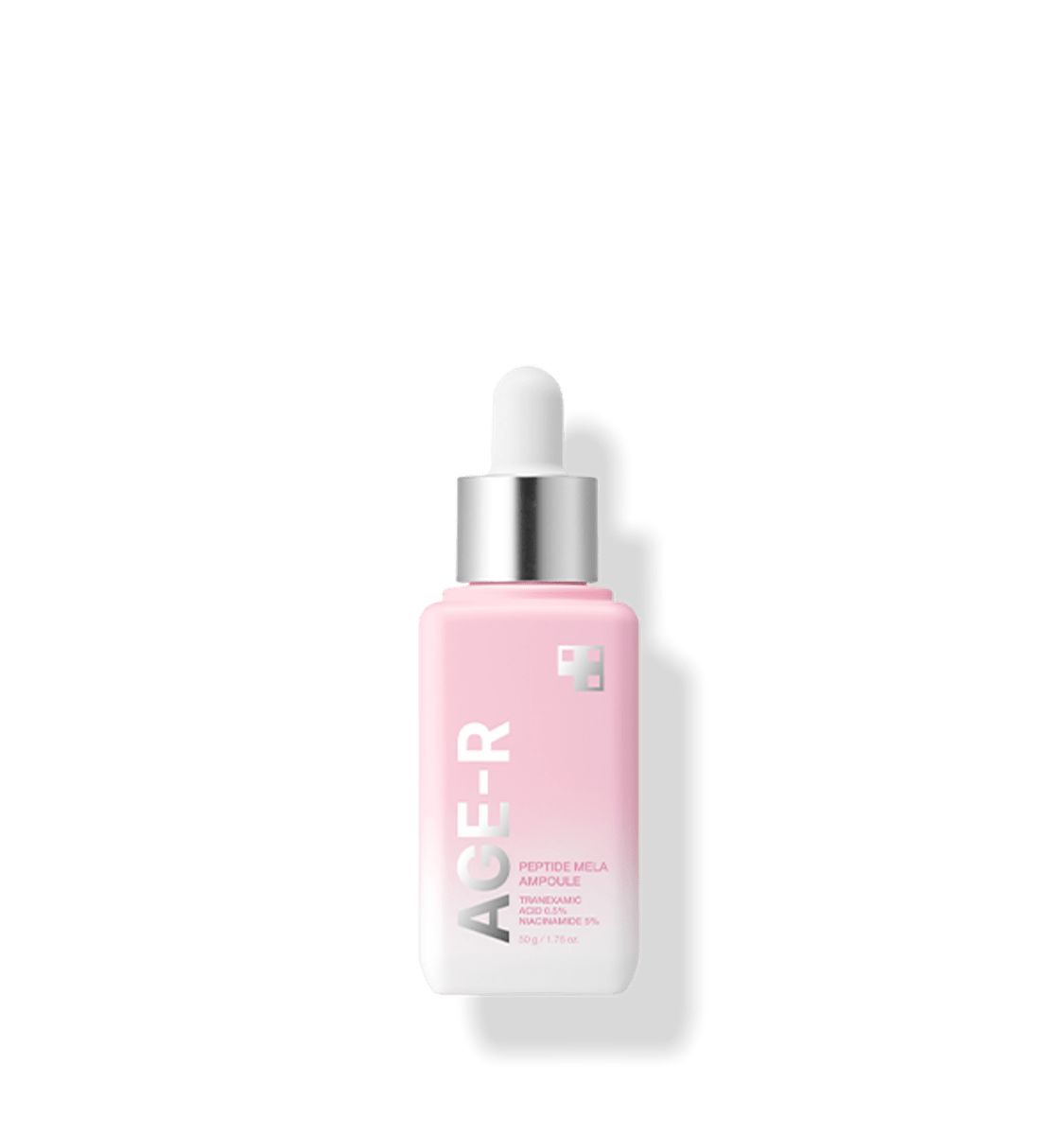 medicube AGE-R Peptide Mela Ampoule 50g in pink dropper bottle with freckle treatment benefits displayed on white background