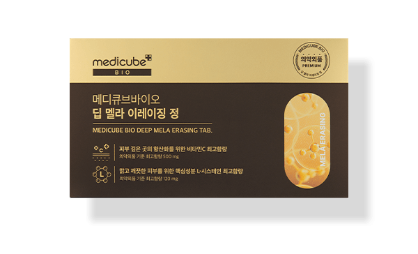 medicube Bio Deep Mela Erasing Tab 28 tablets in gold and brown box targeting pigmentation with advanced formula