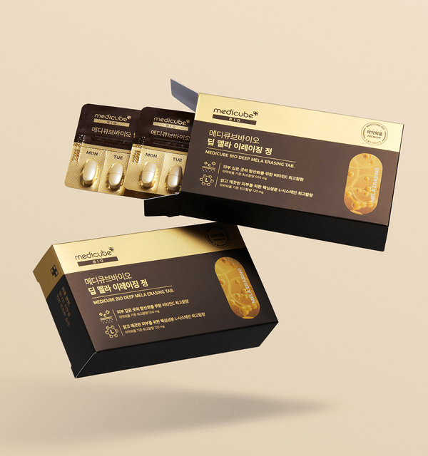 medicube Bio Deep Mela Erasing Tab 28 tablets in black and gold packaging targeting pigmentation correction