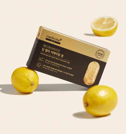 medicube Bio Deep Mela Erasing Tab 28 tablets box with lemons symbolizing pigmentation targeting benefits