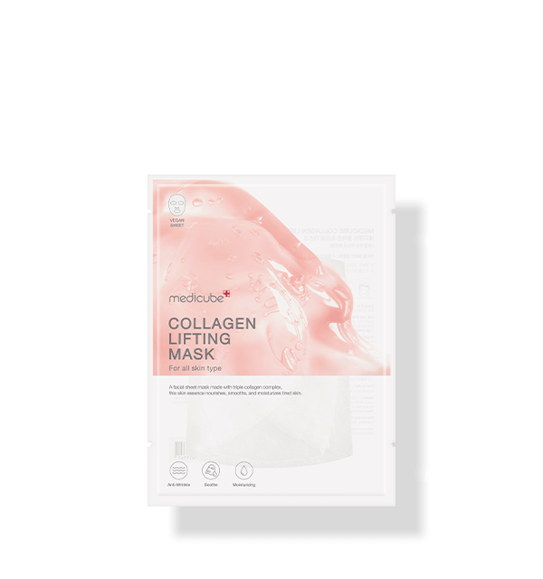 medicube Collagen Lifting Mask 27g X 5ea in white and pink packaging emphasizing lifting effect for all skin types