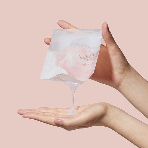 medicube Collagen Lifting Mask 27g X 5ea being poured from pouch showing lifting effect serum texture