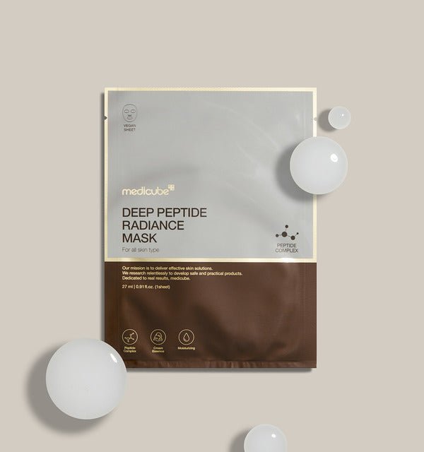 medicube Deep Peptide Radiance Mask 27g X 5ea in beige and brown packaging with boosted hydration benefits