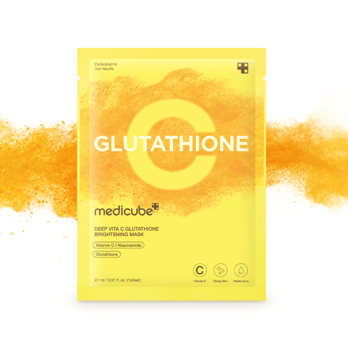 medicube Deep Vita C Glutathione Brightening Mask 27 X 5ea in yellow packaging with brightening and moisturizing benefits
