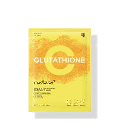 medicube Deep Vita C Glutathione Brightening Mask 27 X 5ea in yellow packaging highlighting brightening and moisturizing benefits