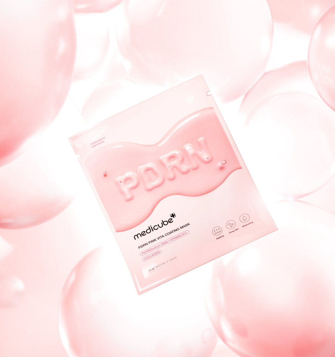 medicube PDRN Pink Vita Coating Mask 22g X 5ea packaging surrounded by soft pink translucent bubbles for improved radiance
