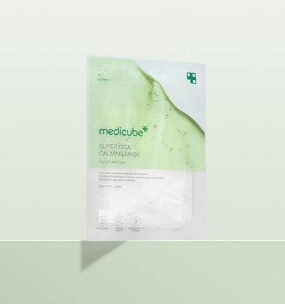medicube Super Cica Calming Mask 22g X 5ea in white and green packaging emphasizing deep soothing care for skin