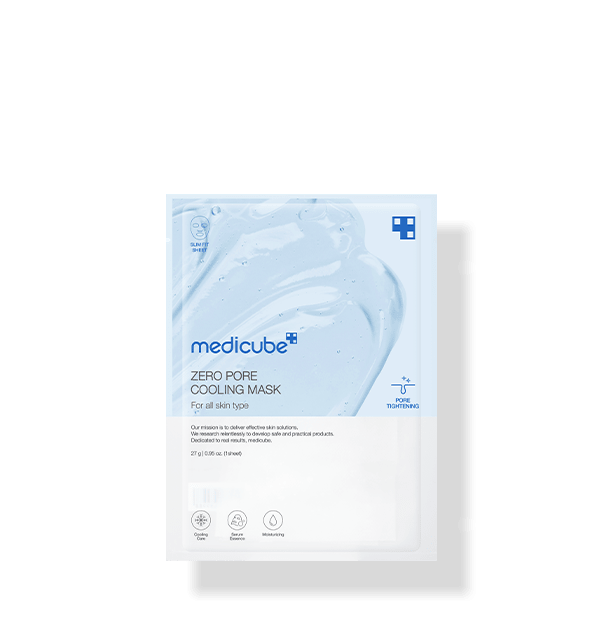 medicube Zero Pore Cooling Mask 27g X 5ea in light blue packaging emphasizing pore tightening and cooling care benefits