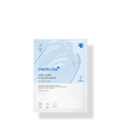 medicube Zero Pore Cooling Mask 27g X 5ea in light blue packaging emphasizing pore tightening and cooling care benefits