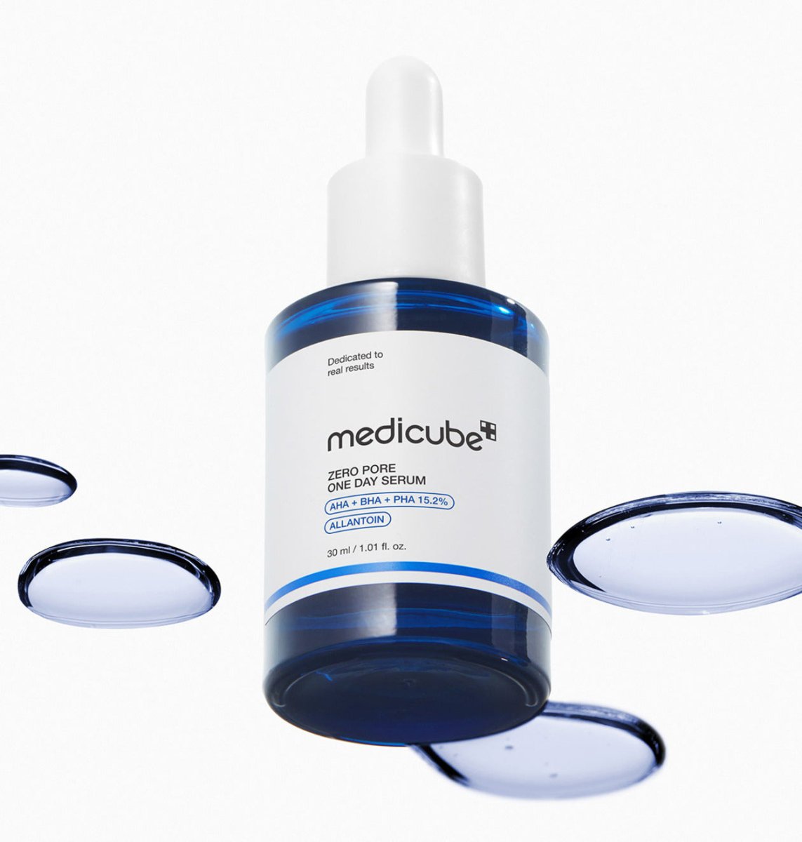 medicube Zero Pore One Day Serum 30ml in blue bottle with pipette surrounded by clear drops illustrating pore tightening benefits