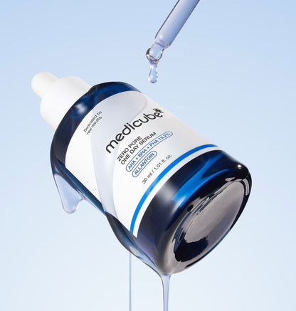 medicube Zero Pore One Day Serum 30ml blue bottle with dropper dispensing clear serum for pore tightening