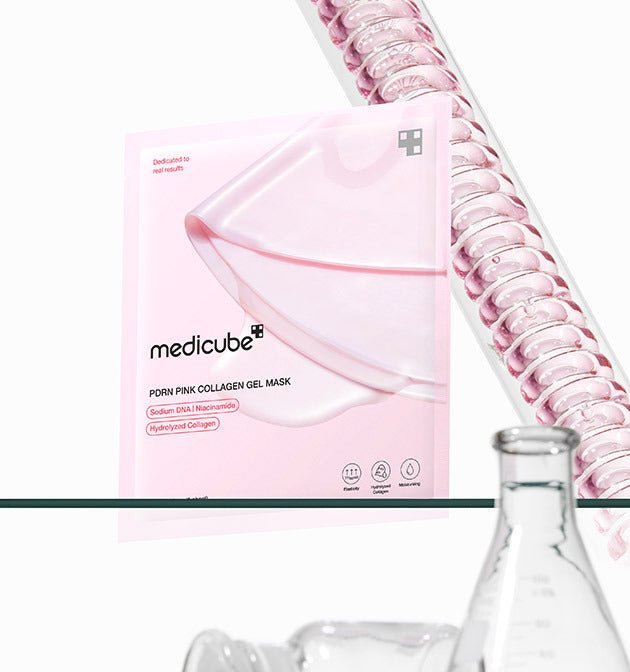 medicube PDRN Pink Collagen Gel Mask 28g X 8ea in pink packaging promoting improved skin elasticity and hydration