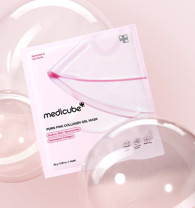 medicube PDRN Pink Collagen Gel Mask 28g X 8ea in white packaging with translucent pink gel mask on soft pink background