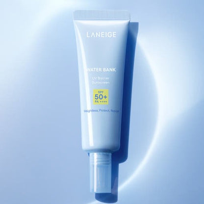 LANEIGE Water Bank UV Barrier Sunscreen SPF50+ PA++++ 50ml tube in light blue packaging with UV protection benefits