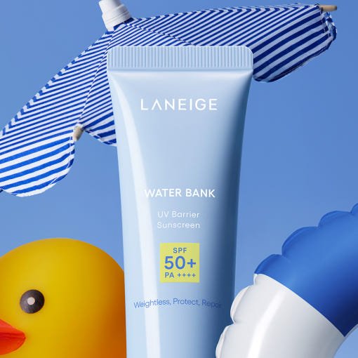 LANEIGE Water Bank UV Barrier Sunscreen SPF50+ PA++++ 50ml in light blue tube with summer-themed props for UV protection