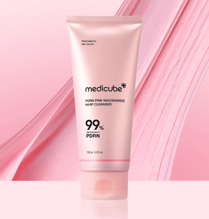 medicube PDRN Pink Niacinamide Whip Cleanser 120g in pink tube with creamy texture for deep cleansing benefits