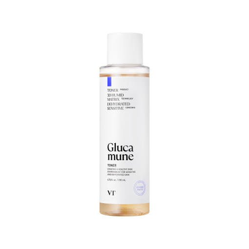 VT Glucamine Toner 200ml - VT Cosmetics in clear bottle offering triple moisturizing for hydrated and sensitive skin.