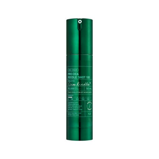 VT Pro Cica Reedle Shot 100 50ml in sleek green pump bottle providing hydration boost and soothing skincare benefits