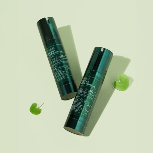 VT Pro Cica Reedle Shot 100 50ml in dark green bottles shown with fresh green leaves for hydration boost