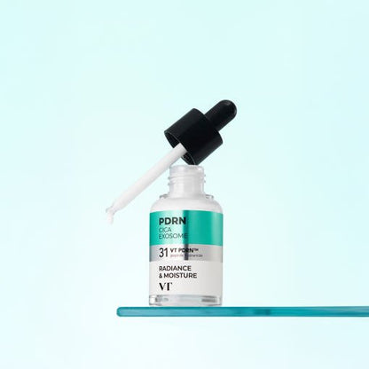 VT R5 PDRN Firming Ampoule 30ml clear bottle with dropper highlighting firming action and moisture benefits