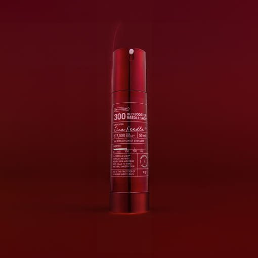 VT Red Booster Reedle Shot 300 50ml in sleek red bottle formulated to promote firm skin and improve texture