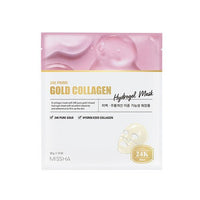 White and pink hydrogel mask pack with gold and collagen text highlighting 24K pure gold and skin elasticity benefits