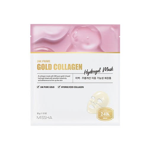 White and pink hydrogel mask pack with gold and collagen text highlighting 24K pure gold and skin elasticity benefits