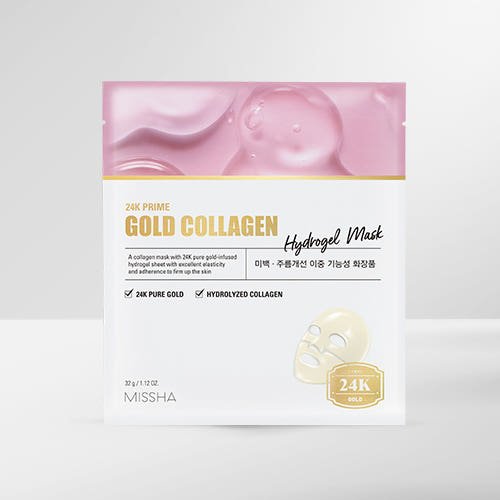 White and pink hydrogel mask packaging featuring 24K gold collagen with improved skin elasticity benefits