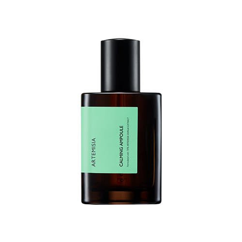Amber glass bottle with black cap and mint green label for soothing Artemisia calming ampoule serum