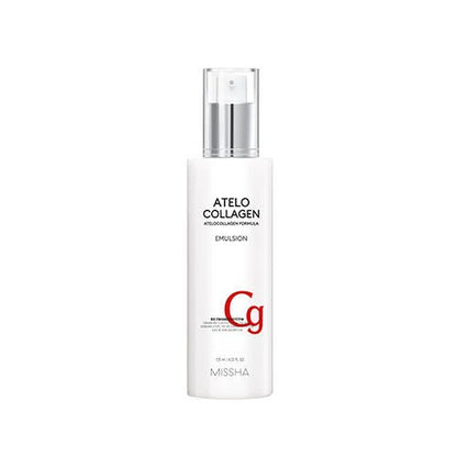 White bottle of Atelo Collagen Emulsion with silver pump and red lettering, designed for deep hydration benefits