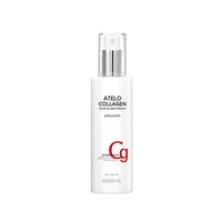 White pump bottle of Atelo Collagen emulsion with minimalistic design emphasizing deep hydration benefits