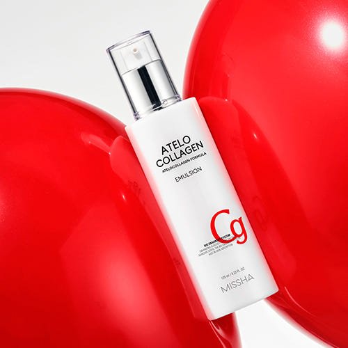 White pump bottle of Atelo Collagen Emulsion with red accents surrounded by vibrant red balloons on white background