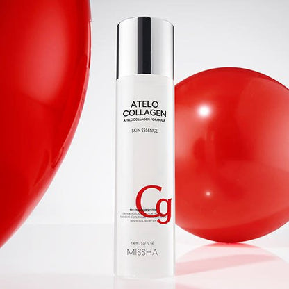 Clear bottle of collagen skin essence with silver cap against white background and red balloons