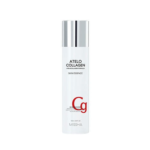 Tall white bottle with silver cap containing collagen skin essence for deep hydration on a white background