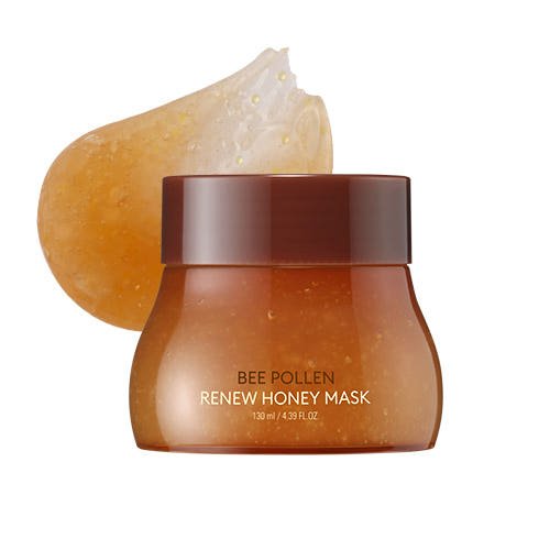 Amber jar of bee pollen honey mask with thick, gel-like texture highlighting intensive hydration benefits on white background