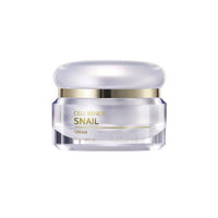 Transparent jar of hydrating snail cream with gold trim and rounded frosted cap on white background